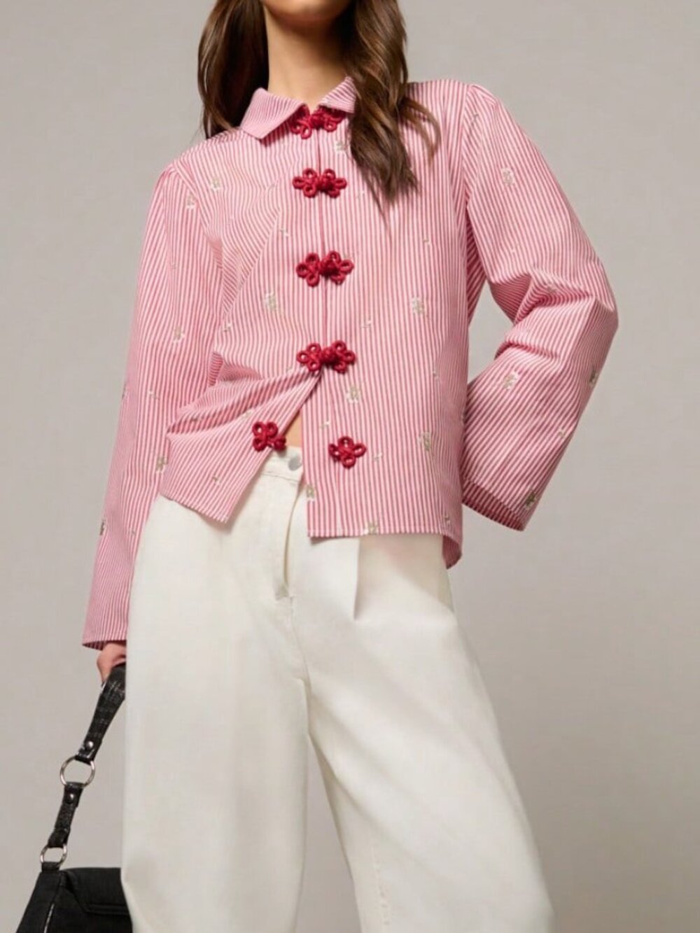 Red Casual Women's Loose Blouse with Front Buttons - Picture 3 of 6
